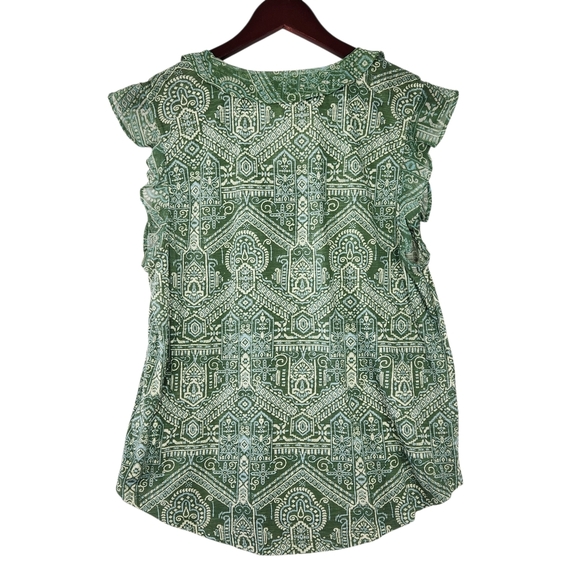 Lucky Brand Green Geometric Tribal Aztec Blouse Ruffle Sleeve V Neck Large - Picture 4 of 13